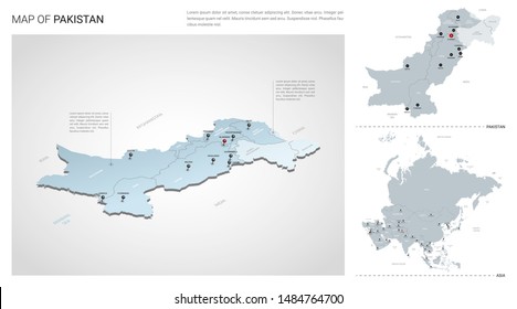 Vector set of Pakistan country.  Isometric 3d map, Pakistan map, Asia map - with region, state names and city names.