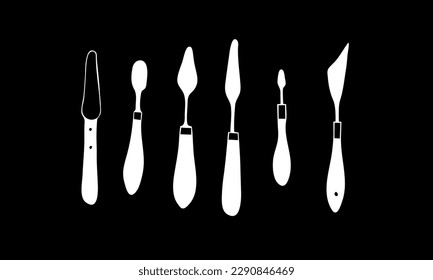 Vector set of palette knives of different types and sizes. White on a black background. Art tools, supplies for artists, oil and acrylic painting, art studio. Minimalism, hand drawing, doodle, sketch.