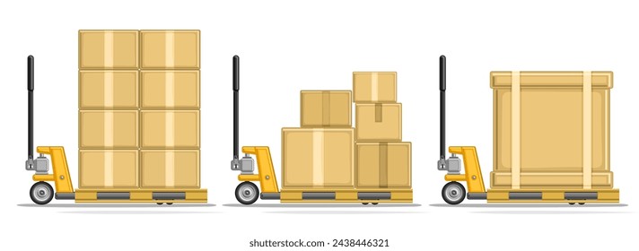 Vector set of Pallet Trucks, horizontal header with isolated illustrations of profile side view pallet jack with pile of paper boxes, warehouse pallet jack with large wooden box on white background