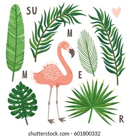 Vector set of palm leaves and flamingo. Bright exotic background with bird. Collection of tropical scrapbook elements.