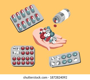 conjunto vectorial de palma con pastillas o drogas
