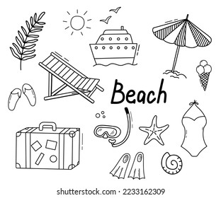 Vector set with palm tree branch, chair, ship and suitcase. Vacation on ocean, summer seaside resort. Doodle hand drawn illustrations isolated on white background