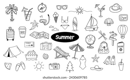 Vektor-Set mit Palme, Segelboot, Sonnenbrille und Zelt. Urlaub am Meer, Sommer-Badeort, Camping. Doodle handgezeichnete Illustrationen isoliert auf weißem Hintergrund