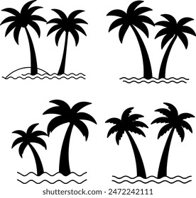 vector set of palm trees with long curved on the beach