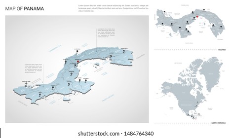 Vector set of Panama country.  Isometric 3d map, Panama map, North America map - with region, state names and city names. 