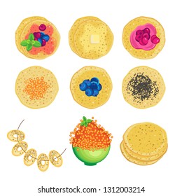 Vector set of pancakes, bagels and a cup of red caviar. Isolated objects on a transparent background.
