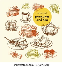 conjunto vectorial de crepes e ilustraciones de té. la carta de restaurantes y cafeterías. gráficos, bocetos dibujados a mano. Crepes, té, café y toallas