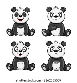 Vector set of panda illustrations with different emotions. Panda laughs, angry, surprised, shows like. Isolated on white background.