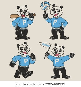 vector Set of Panda Sport Mascot in Vintage Retro Hand Drawn Style