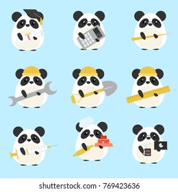 Vector set of pandas various professions: Scientist, accountant, teacher, engineer, worker, builder, doctor, baker, programmer. Cute cartoon illustration