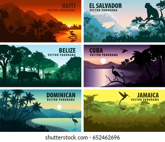 векторный набор панорам стран Карибского бассейна и Центральной Америки — Гаити, Ямайка, Доминикана, Куба, Сальвадор, Белиз.