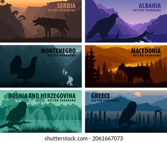 vector set of panorams countries Balkan Countries with animals - Guatemala, Mexico, Honduras, Nicaragua, Panama, Costa Rica