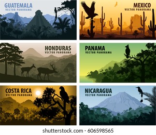 vector set of panorams countries Central America - Guatemala, Mexico, Honduras, Nicaragua, Panama, Costa Rica