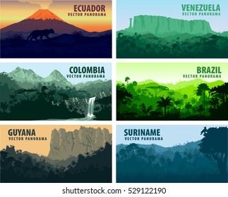 conjunto vetorial de panoramas países América do Sul - Venezuela, Brasil, Suriname, Equador, Colômbia, Guiana