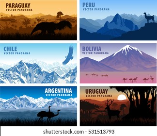 vector set of panorams countries South America - Chile, Peru, Argentina, Bolivia, Paraguay,  Uruguay