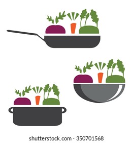 vector set of pans with vegetables