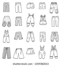 Vector set of pants, black and white collection of cartoon trousers and overalls