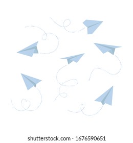 Vector set of paper airplane isolated on white background. Icon symbol of travel and route. 