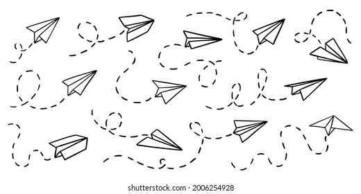 Vector set of paper airplanes. Hand-drawn, doodle elements isolated on white background.