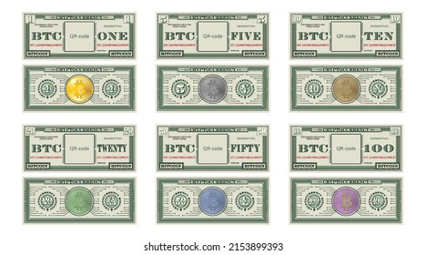Vector set of paper bitcoins with denominations from 1 to 100. Samples of the obverse and reverse of play money. Empty square