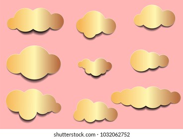 Vector set of paper clouds with gold and pastel background. abstract cloud set