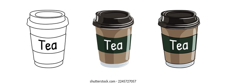 vector set of paper cup with tea hand drawn, in outline and in color. food and drink vector illustration