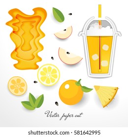 Vector set of paper cut designs. Plastic cup with a straw and a drink, yellow fruits.