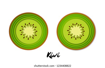 Vector set of paper cut green kiwi, cut shapes. 3D abstract paper art style, origami concept design, food packaging, advertising, detox, cosmetics, healthy eating, menu, logo, emblem.