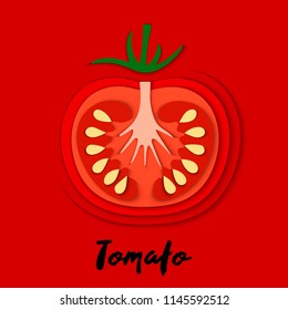 Vector set of paper cut red tomato, cut shapes. 3D abstract paper art style, origami concept design, food packaging, advertising, detox, cosmetics, healthy eating.