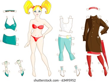 Vector set of paper doll with three sets of clothes. Print it out, cut it and play. All tags are on independent layer, so screen it and you can dress the doll on your computer.