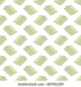 Vector Set of Paper Dollars Seamless Pattern on White Background. American Banknotes. Cash Money. US Currency