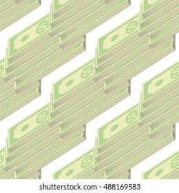 Vector Set of Paper Dollars Seamless Pattern on White Background. American Banknotes. Cash Money. US Currency