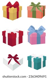 Vector set of paper gift boxes with different color ribbons and cardboard. Flat style gift boxes, isolated on background. Transparent background