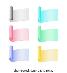 Vector set of paper icons with twisted edges. Multicolored paper stickers in the form of a papyrus scroll. Empty perfect price tag templates. Blank layout for notes with different color options.