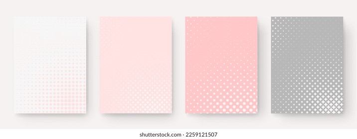 Vector set of paper layouts in pastel colors with a halftone pattern on a light background. Delicate vector backgrounds for covers, booklets, wallpapers, brochures, greeting cards, banners.