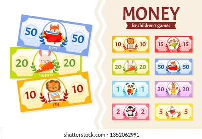 Vector Set Of Paper Money For Children's Games. Cute Cartoon Animals. Learning Material For Kids.

