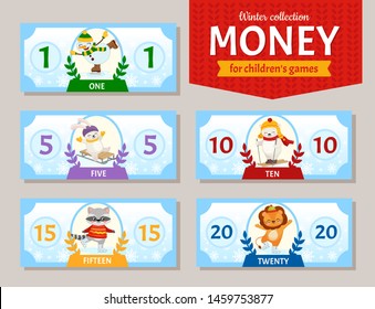 Vector set of paper money for children's games. Cute cartoon animals. Learning material for kids.  Winter collection.