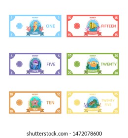 Vector set of paper money for children's games with cute sea Horse, turtle, a fish, jellyfish, starfish. Activity sheet for kids. Matching education game for children.