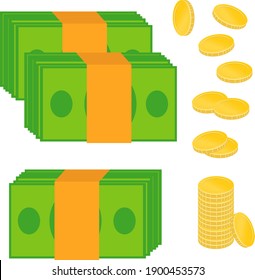 Vector set of paper money and coins on a white isolated background.