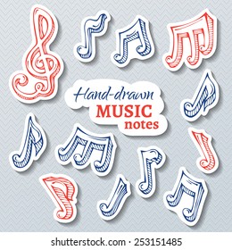 Vector set of paper music stickers. Paper hand-drawn pen treble clef and music notes with shadow.