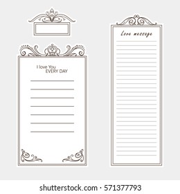 Vector set of paper note, bookmark and sticker. different size. Paper page for notebook, diary, letters, notes, messages, sticker notes. Calligraphic illustration in vintage style. Lined page 