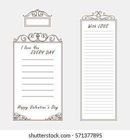 Vector set of paper note, bookmark and sticker. different size. Paper page for notebook, diary, letters, notes, messages, sticker notes. Calligraphic illustration in vintage style. Lined page 