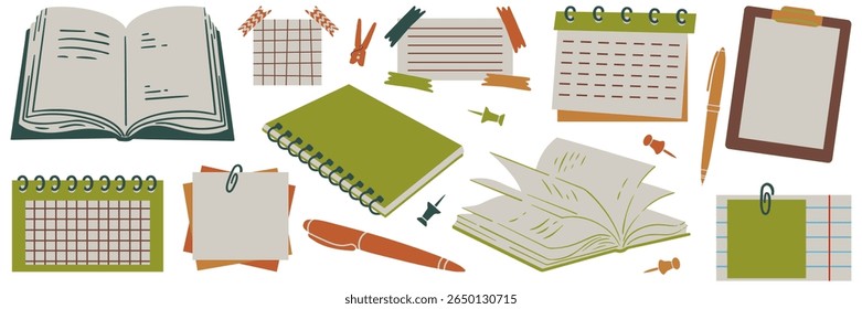 Vector set of paper notes, stickers, sticky sheets and notebooks. Note sheets, for writing text. Flat vector illustration. Cute Notes memo planner page.
