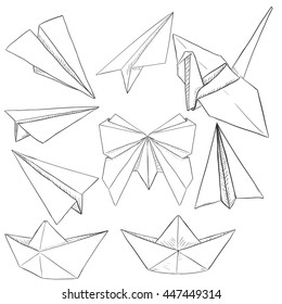 Vector Set of Paper Objects: Plane, Boat, Butterfly, Crane. Traditional Origami Collection.