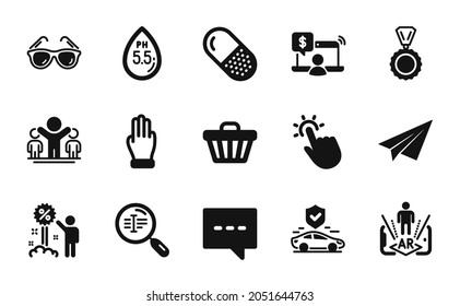 Vector set of Paper plane, Winner and Sunglasses icons simple set. Shop cart, Three fingers and Online shopping icons. Transport insurance, Augmented reality and Blog signs. Vector