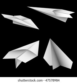 Vector set of paper planes isolated on black.