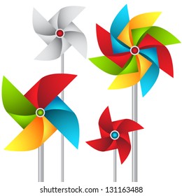 Vector set of paper weather vanes in different colors with 4 and 8 sections. Beautiful and cute children toy or garden decoration