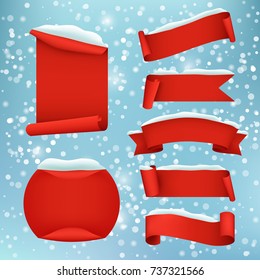 Vector set of paper winter holidays and winter sale banners. Red realistic ribbon banners with snow.