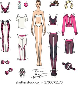 Vector Set : Paper Woman Doll And Collection Of Comfortable Sport Clothes And Accessories For Cut Out And Play For Girls. Educational Toy. Fashion Top, Leggings, Sneakers, Dumbbells, Bottle Of Water.