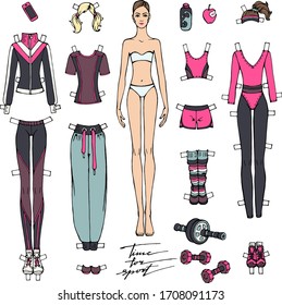 Vector set : paper woman doll and collection of comfortable sport clothes and accessories for cut out and play for girls. Educational toy. Fashion top, leggings, sneakers, dumbbells, bottle of water.